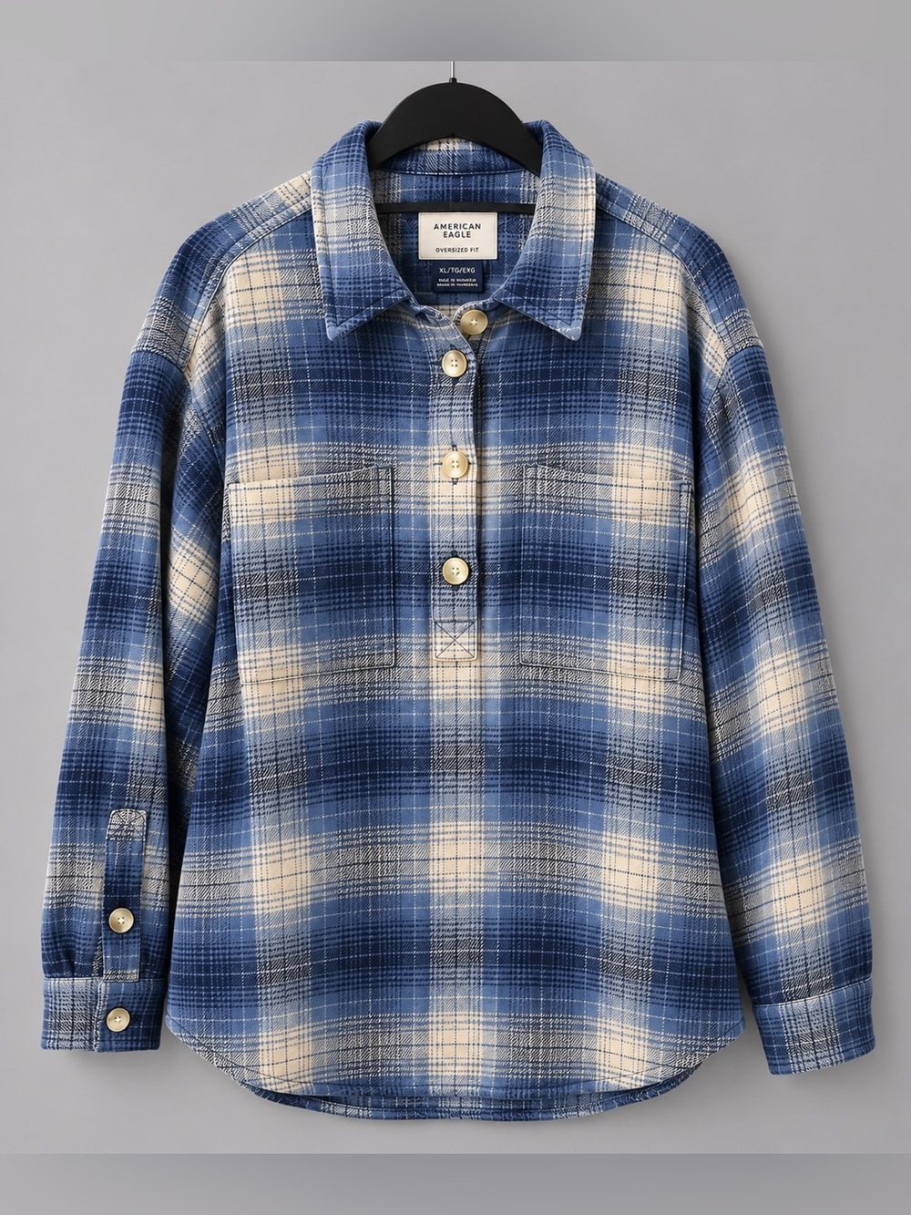 American Eagle Oversized Plaid Flannel Popover Blue Cream XL